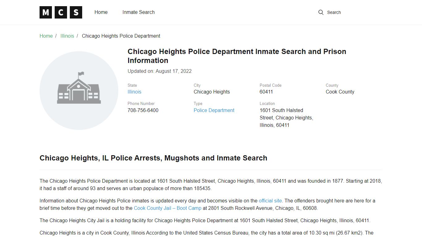 Chicago Heights Police Department Inmate Search and Prison Information