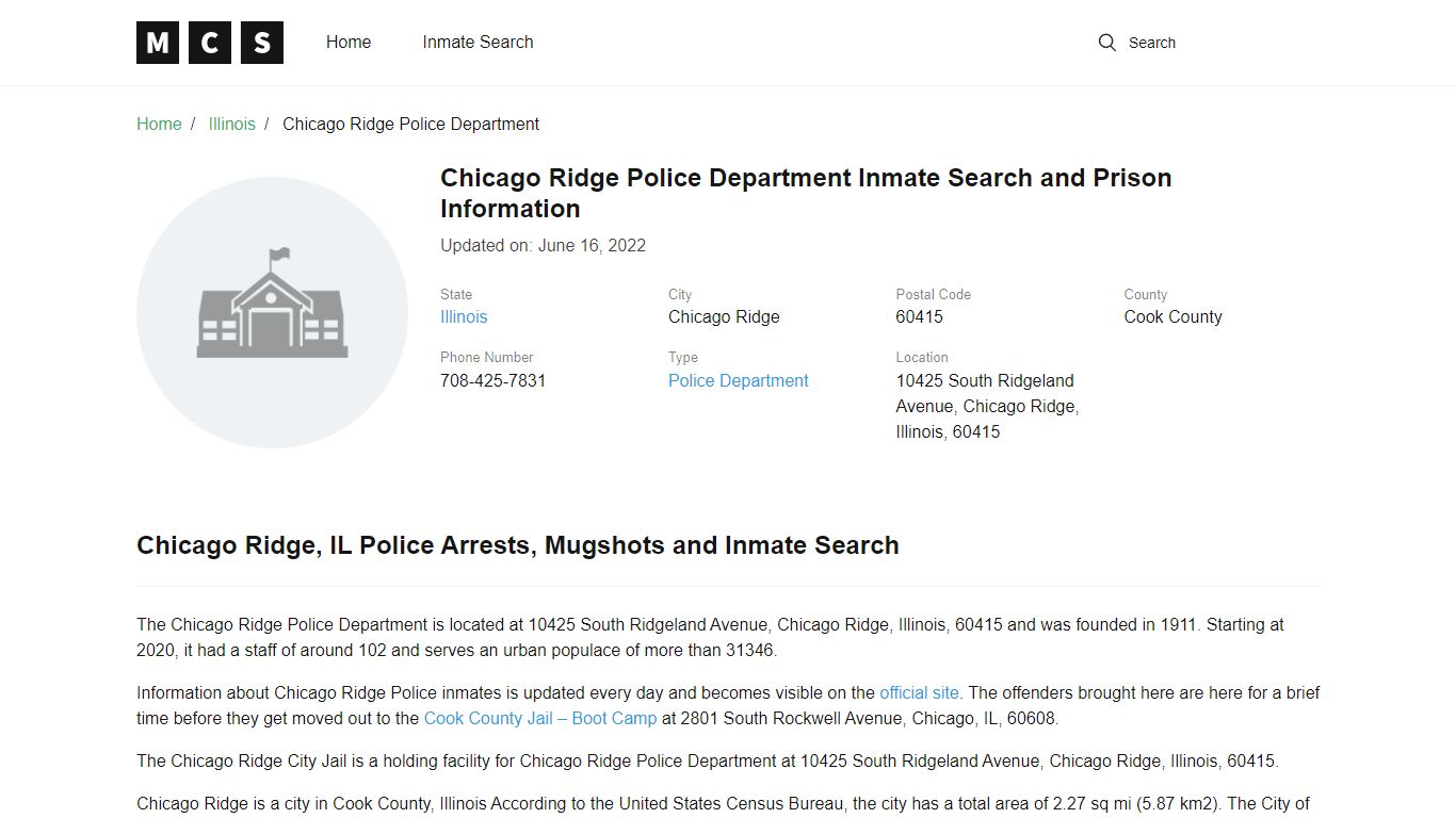 Chicago Ridge Police Department Inmate Search and Prison Information